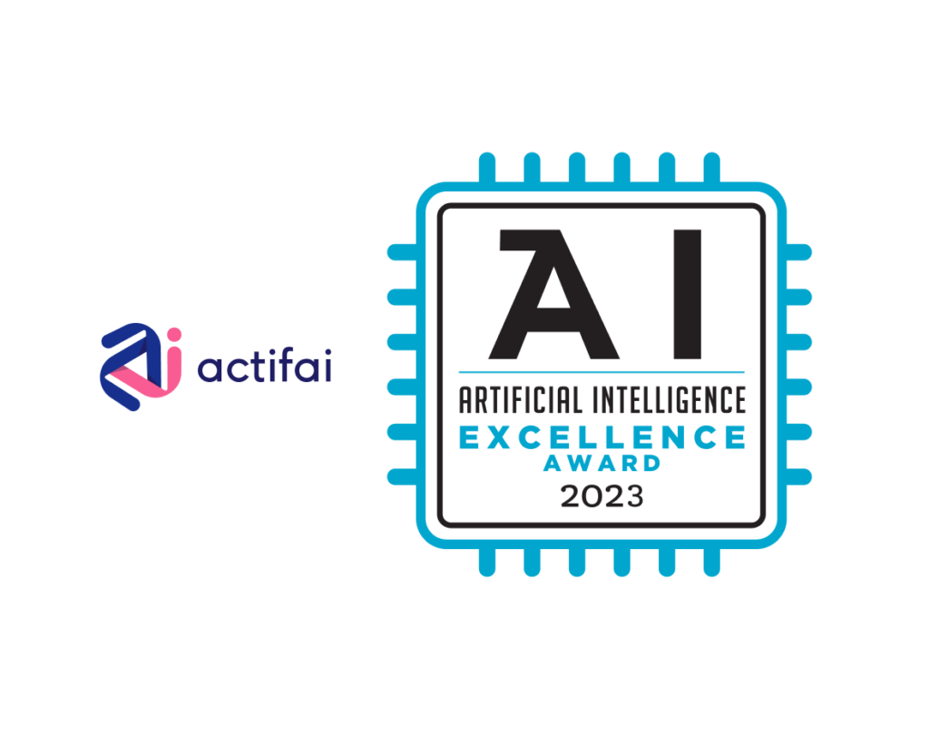 Actifai's logo next to official crest or badge for winning in Business Intelligence Group's 2023 AI excellence awards